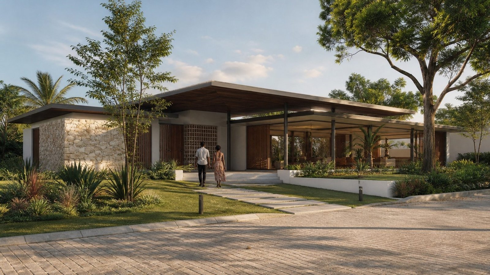 Villa tropical contemporânea com grandes coberturas de sombra e vegetação