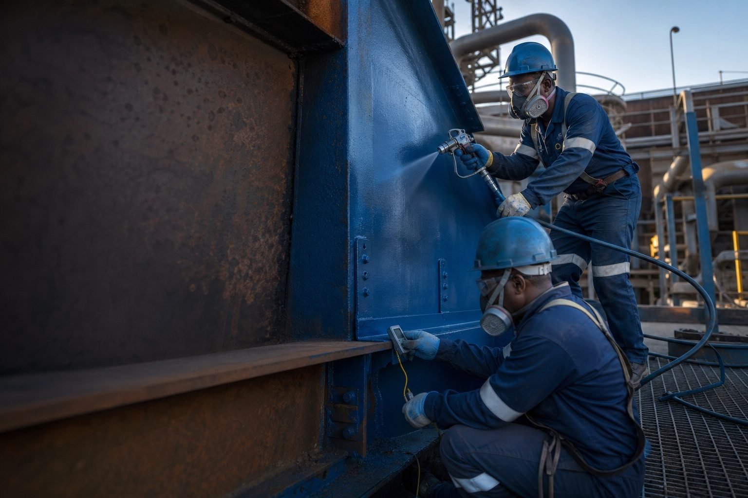 Técnicos aplicam revestimento protector sobre uma viga metálica numa instalação industrial