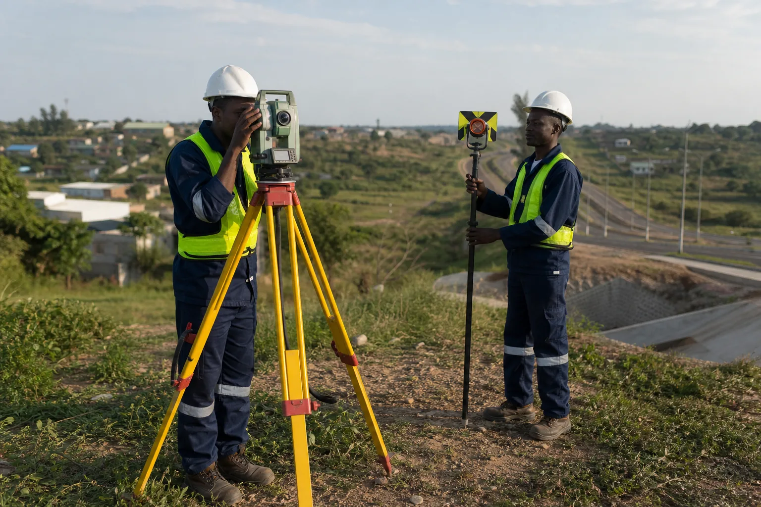 Equipa de topografia com estação total a levantar terreno junto a uma via